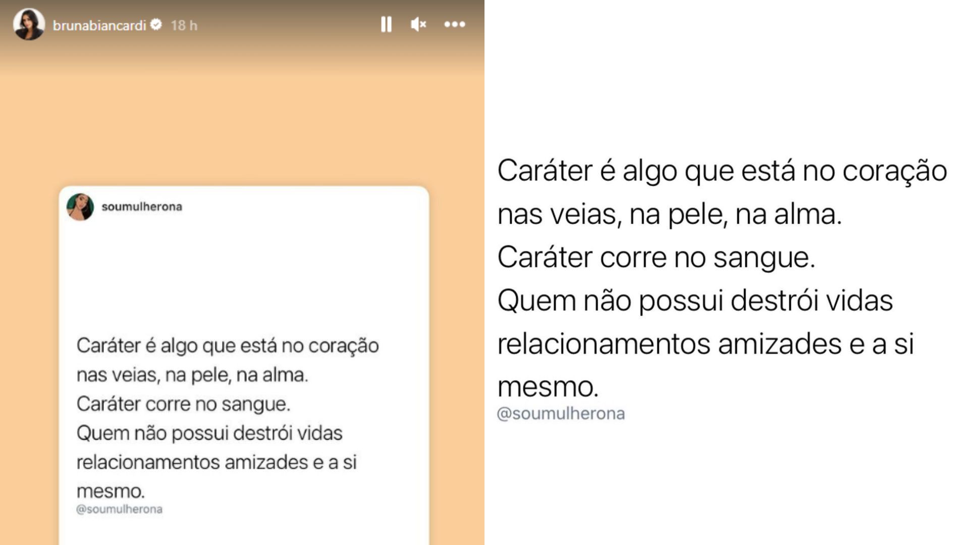 Stories de Bruna Biancardi refletindo sobre caráter