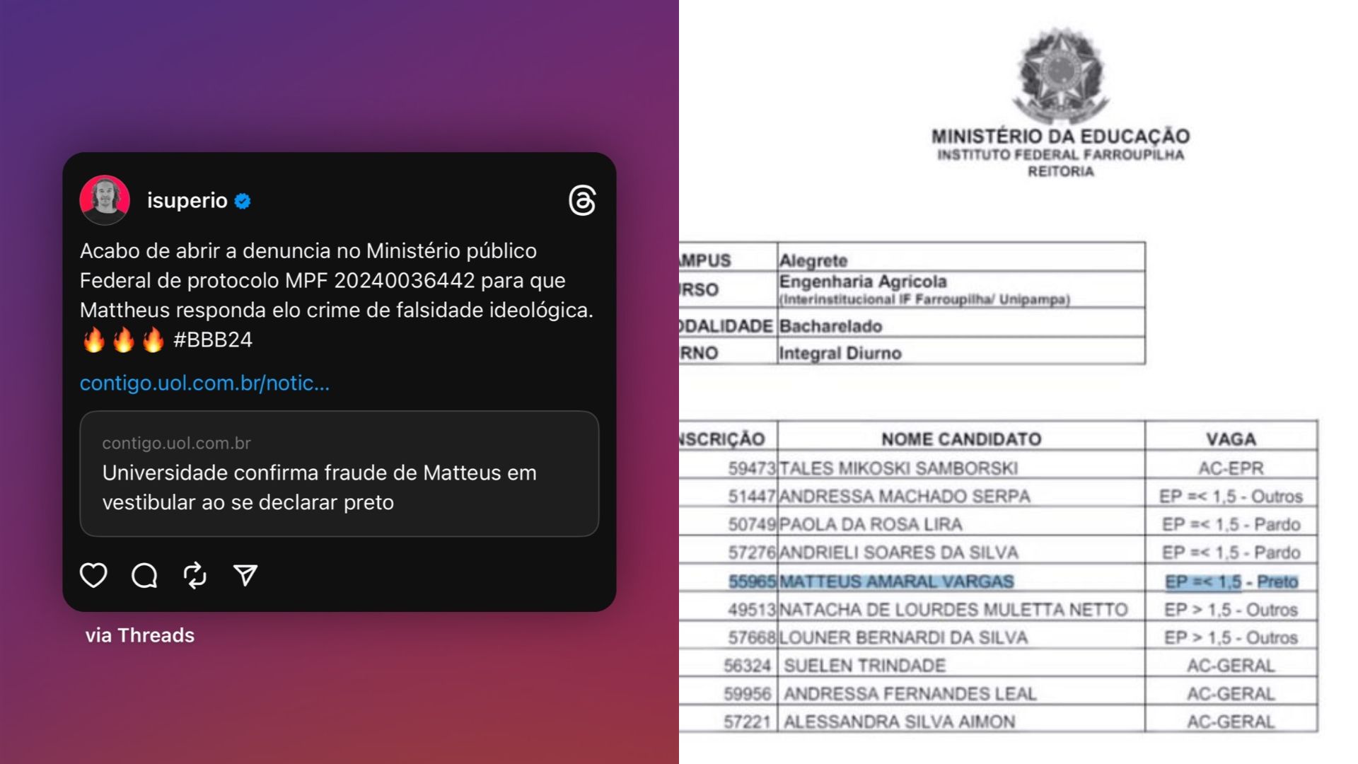 Matteus é denunciado por fraude de cotas raciais