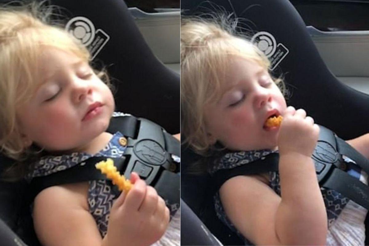 Hilário! Menina não consegue decidir se come ou dorme e soluciona o problema fazendo os dois
