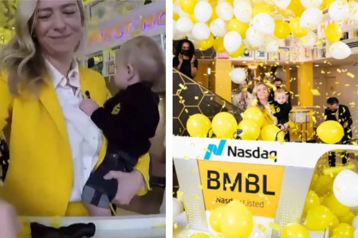 Empresária estreia na bolsa de valores dos EUA com filho no colo