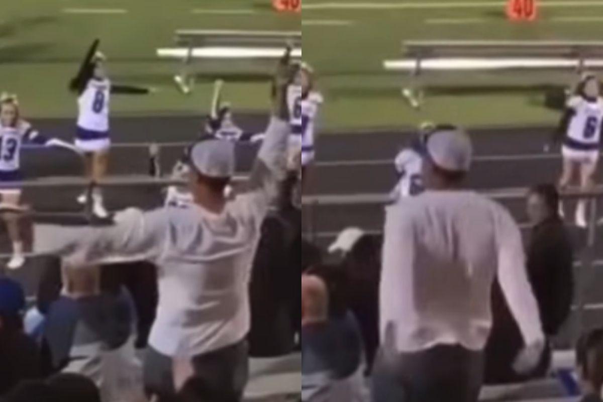 Pai dança com a filha da arquibancada para apoiá-la em apresentação como líder de torcida