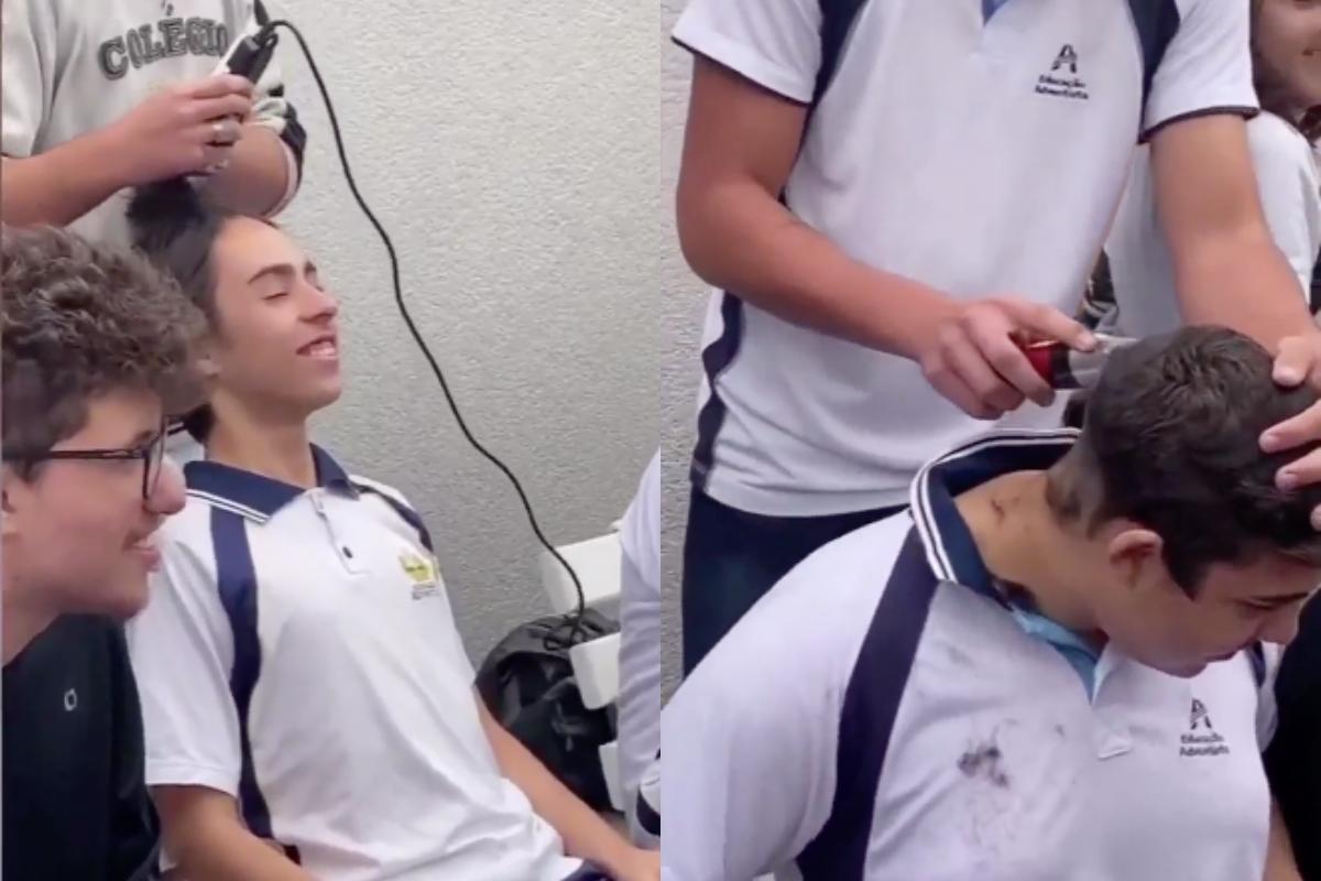 Alunos raspam cabeçais para apoiar colega