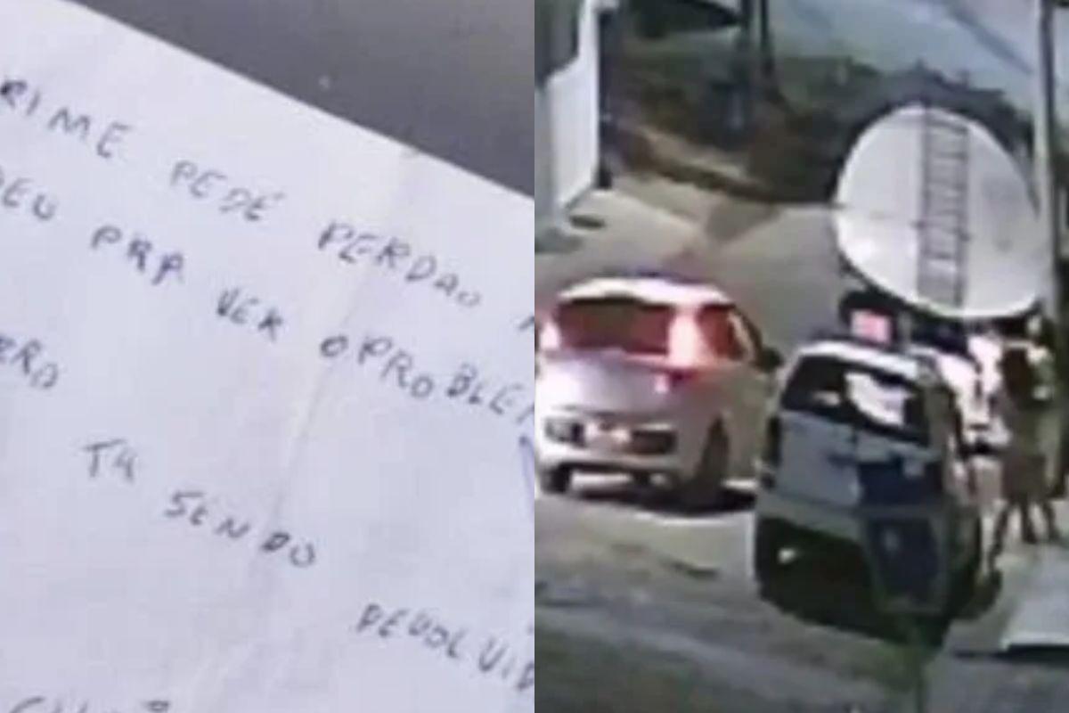 Após perceber a cadeirinha adaptada, o assaltante deixou um bilhete no carro e devolveu o item roubado