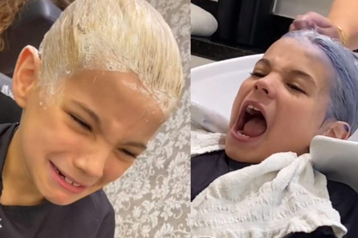 Mãe platina cabelo do filho de 9 anos