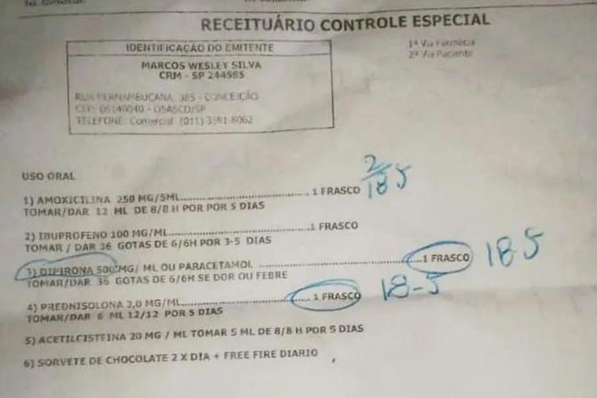 Médico receita sorvete de chocolate e jogo ‘Free Fire’ para criança com sintomas gripais e é demitido