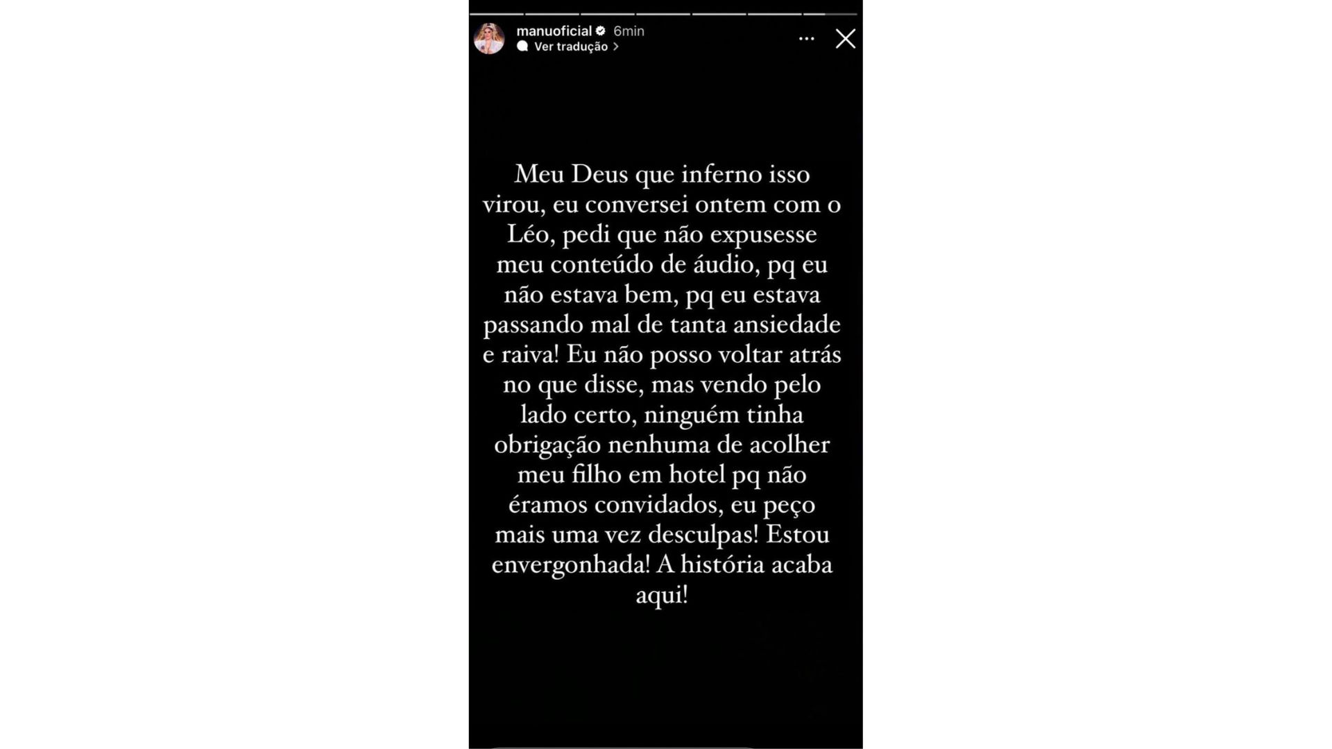 Story Manu Bahtidão pedindo desculpas