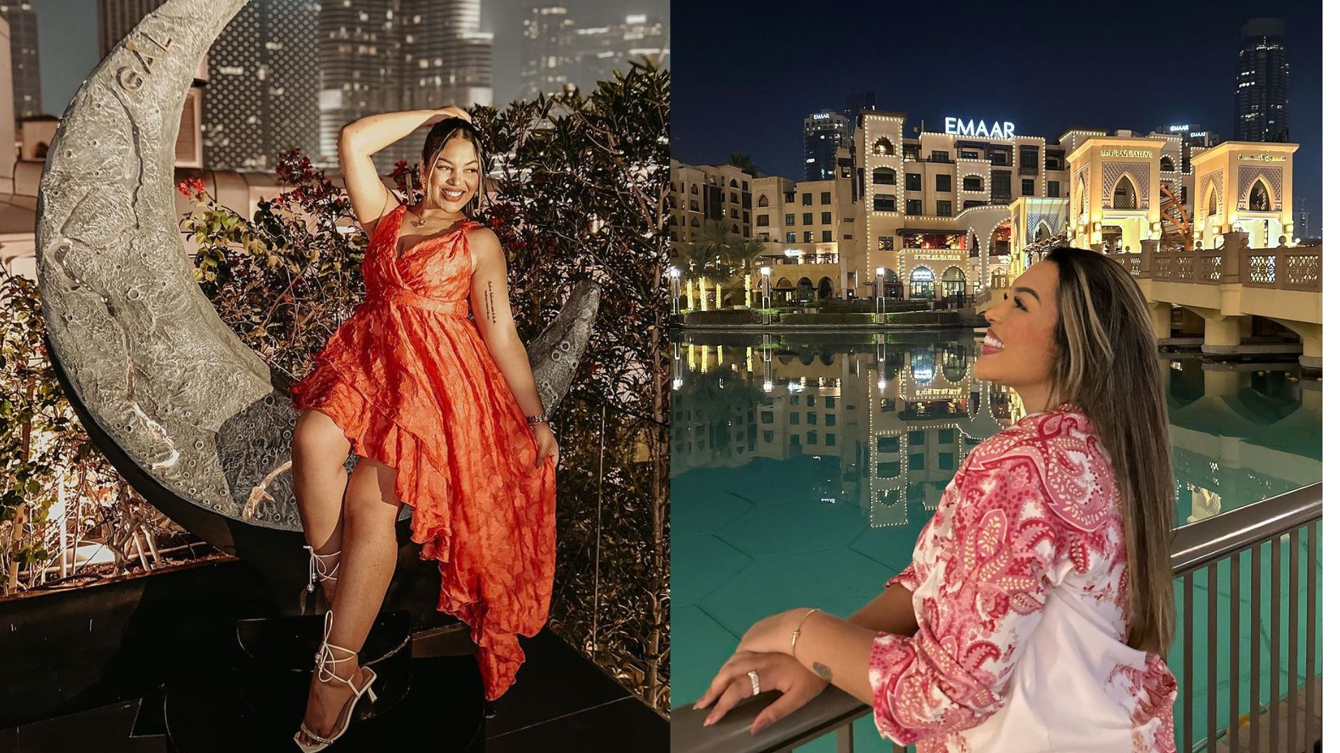 Ingryd Alves, fotógrafa de família que fez o ensaio newborn da filha do Neymar, de vestido vermelho sentada em uma lua cenográfica e de perfil sorrindo em frente a uma paisagem de prédios