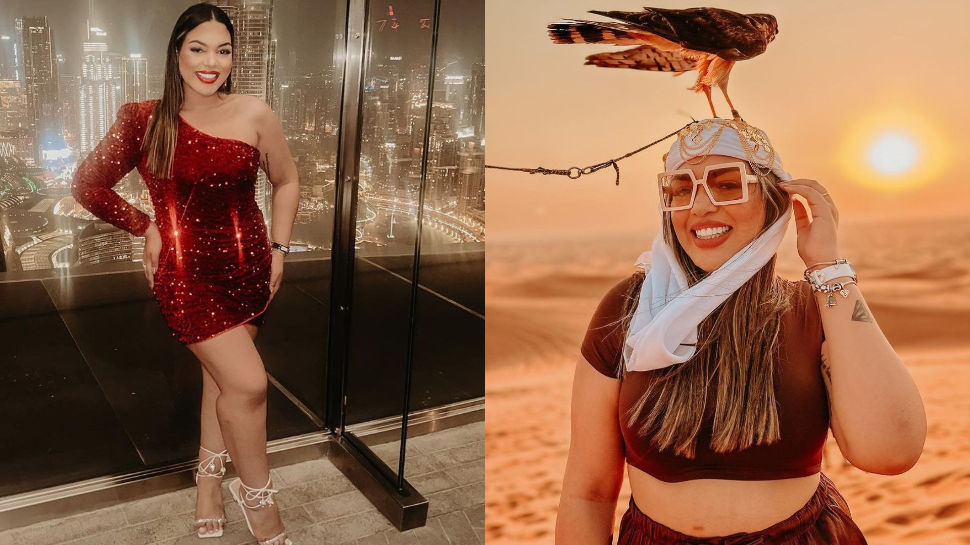 Ingryd Alves, fotógrafa de família que fez o ensaio newborn da filha do Neymar em pé de vestido vermelho e de lenço na cabeça e óculos de sol com um falcão na cabeça