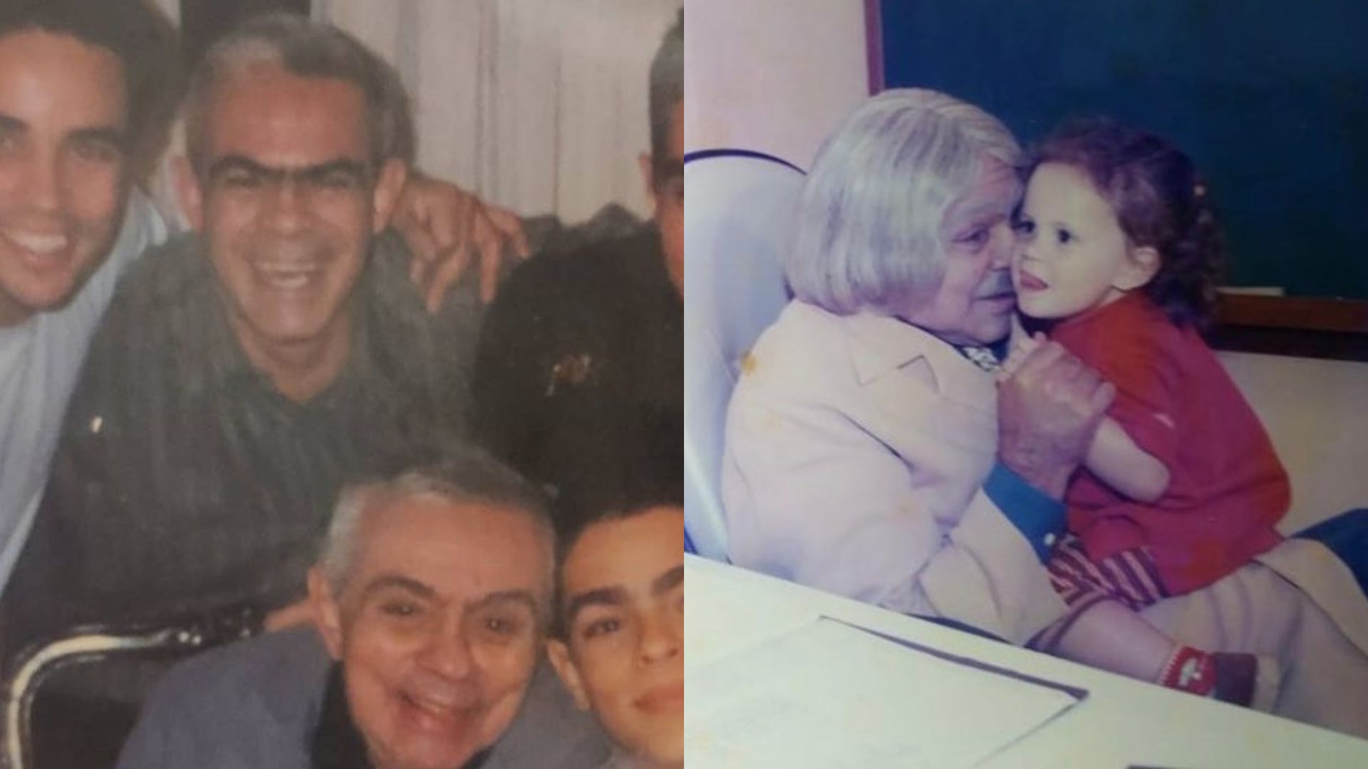 Lug de Paula ao lado do pai Chico Anysio. Chico Anysio caracterizado como Professor Raimundo, com a neta Luísa Périssé no colo, quando criança