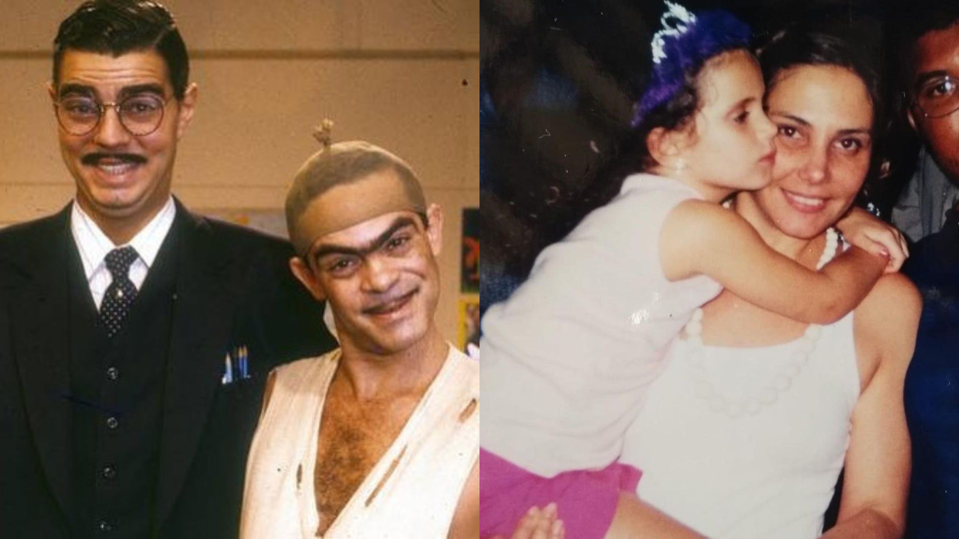 Neto Nizo ao lado do irmão Lug de Paula, caracterizados como seus personagens em Escolinha do Professor Raimundo. Heloísa Périssé com a filha, Luísa, criança no colo