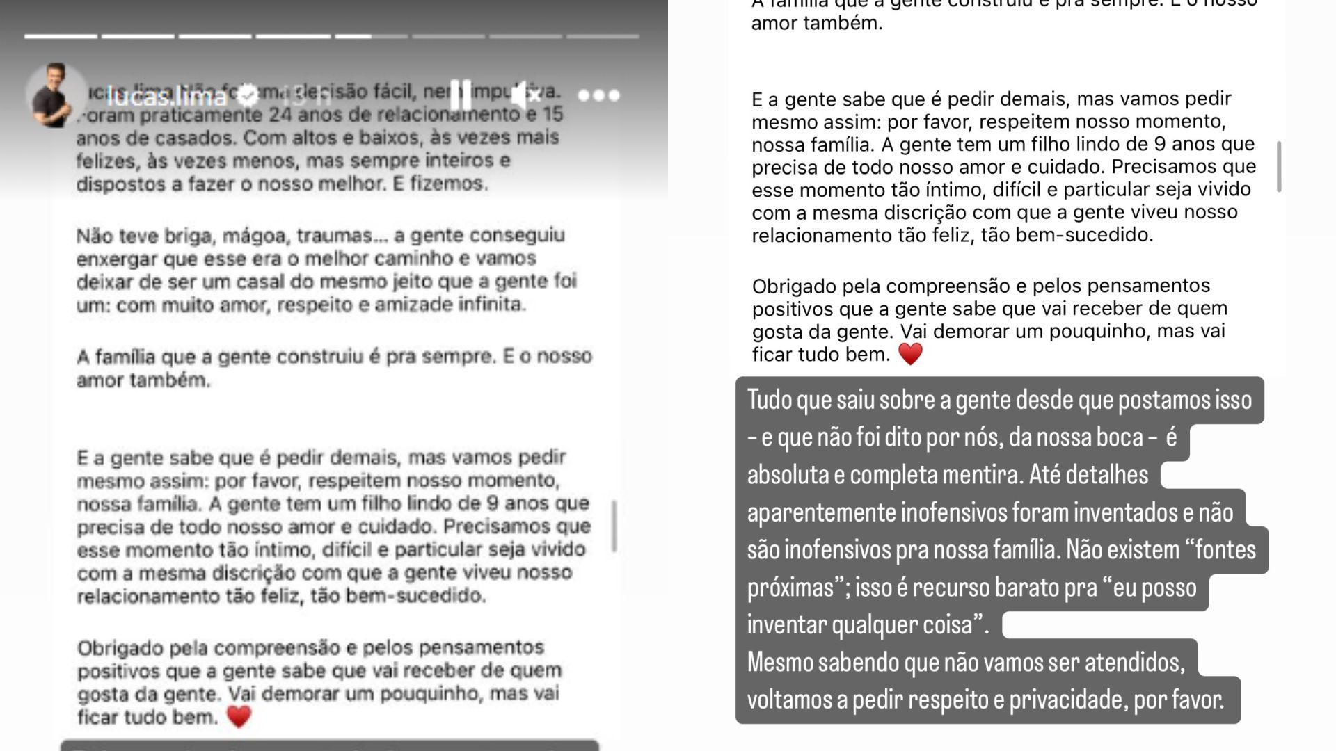 Story de Lucas Lima falando sobre reconciliação com Sandy
