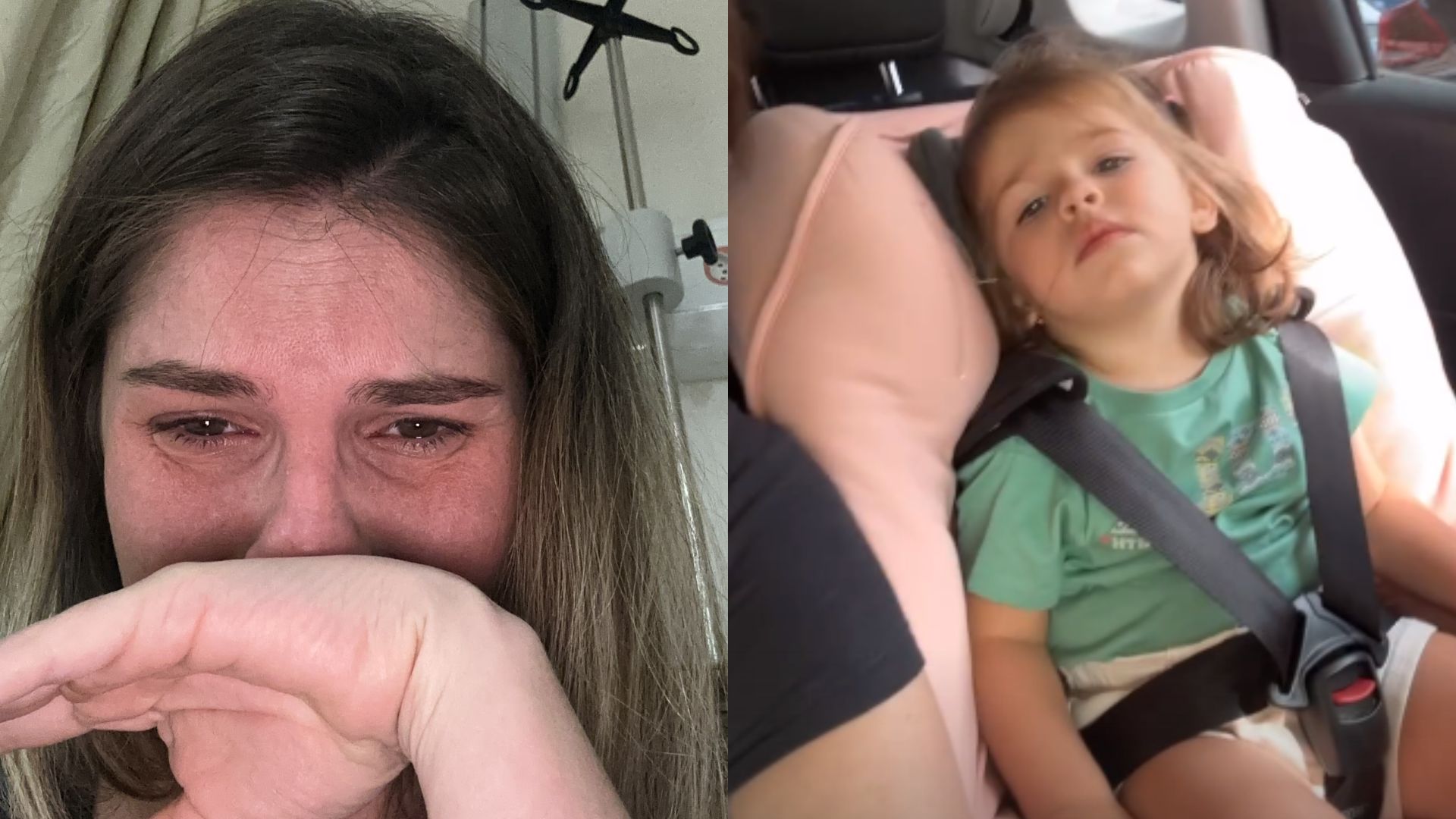 Bárbara Evans chorando e Ayla, sua filha, voltando do hospital onde foi submetida à cirurgia de emergência