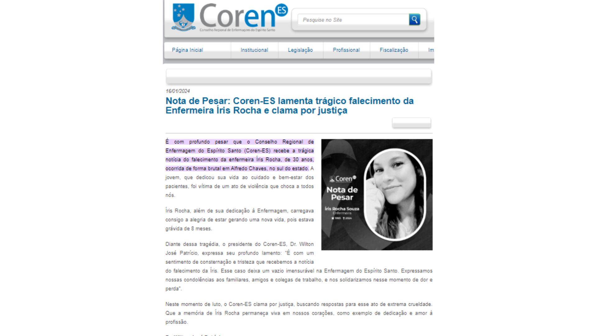 Nota de pesar do Conselho Regional de Enfermagem do Espírito Santo sobre morte de Íris Rocha