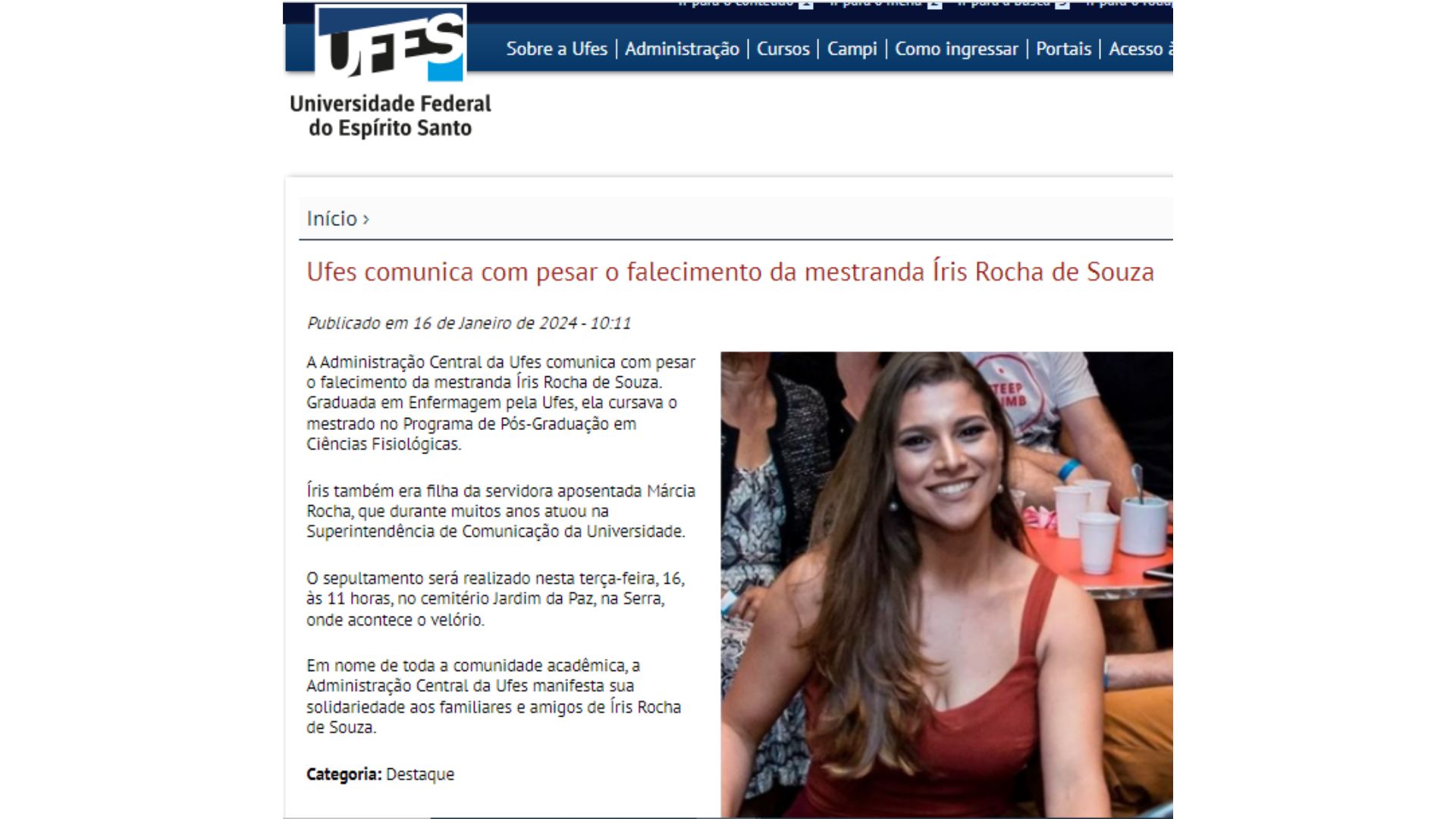Nota de pesar da Universidade Federal do Espírito Santo sobre o falecimento de Íris Rocha