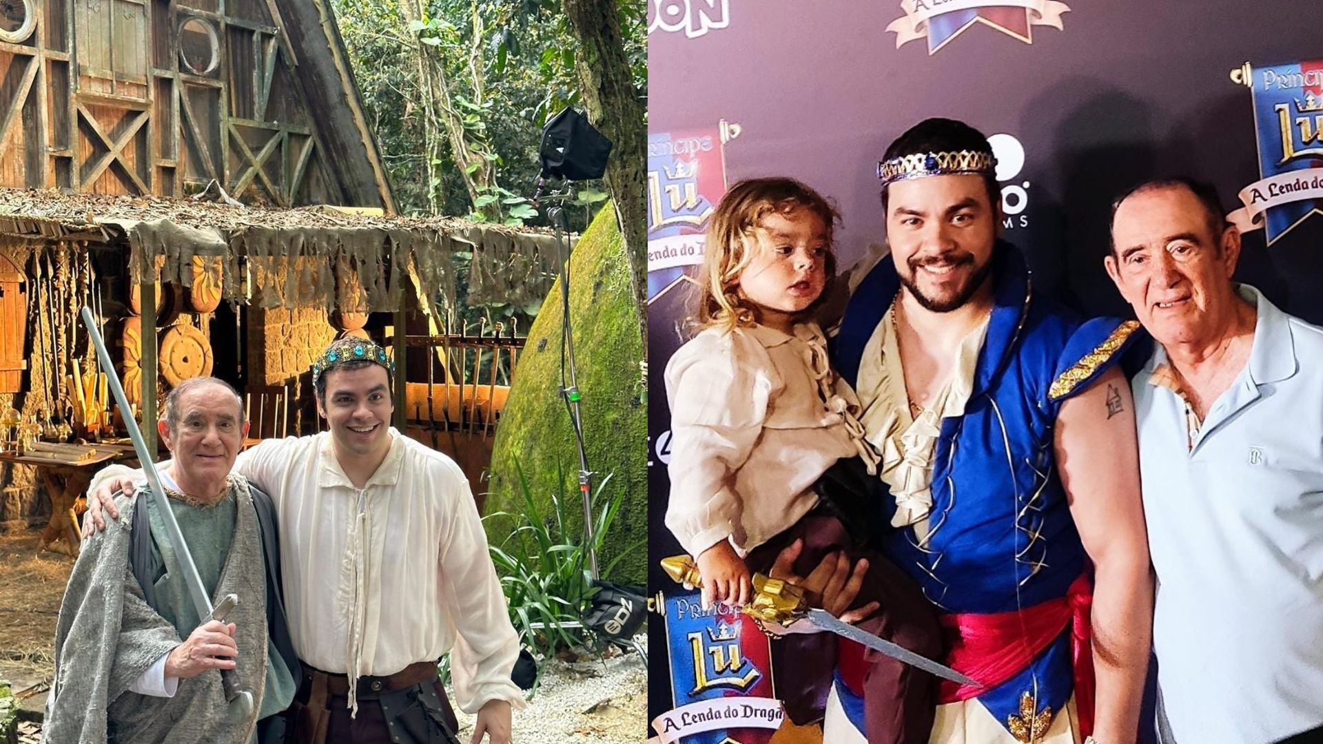 Renato Aragão e Luccas Neto em set de filmagem