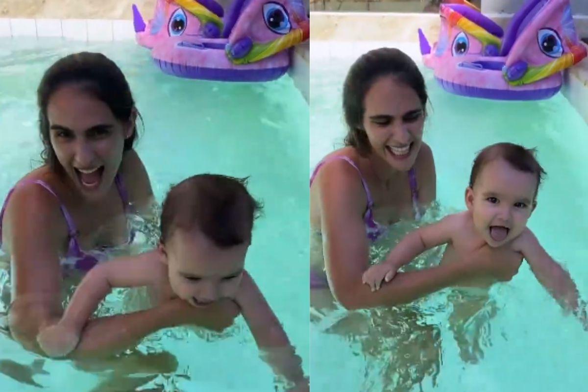 Marcella Fogaça mostra Pietra na piscina pela primeira vez