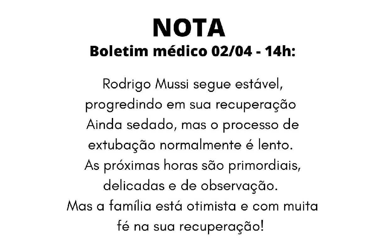 Novo boletim de Rodrigo Mussi diz que ele segue estável