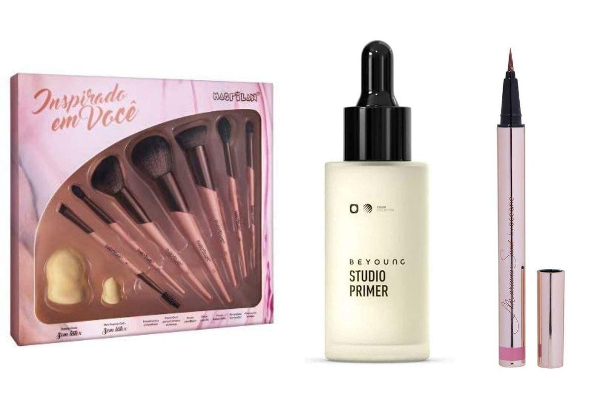 Maquiagens para dar de presente para mãe: kit de pinceis, primer e caneta delineadora