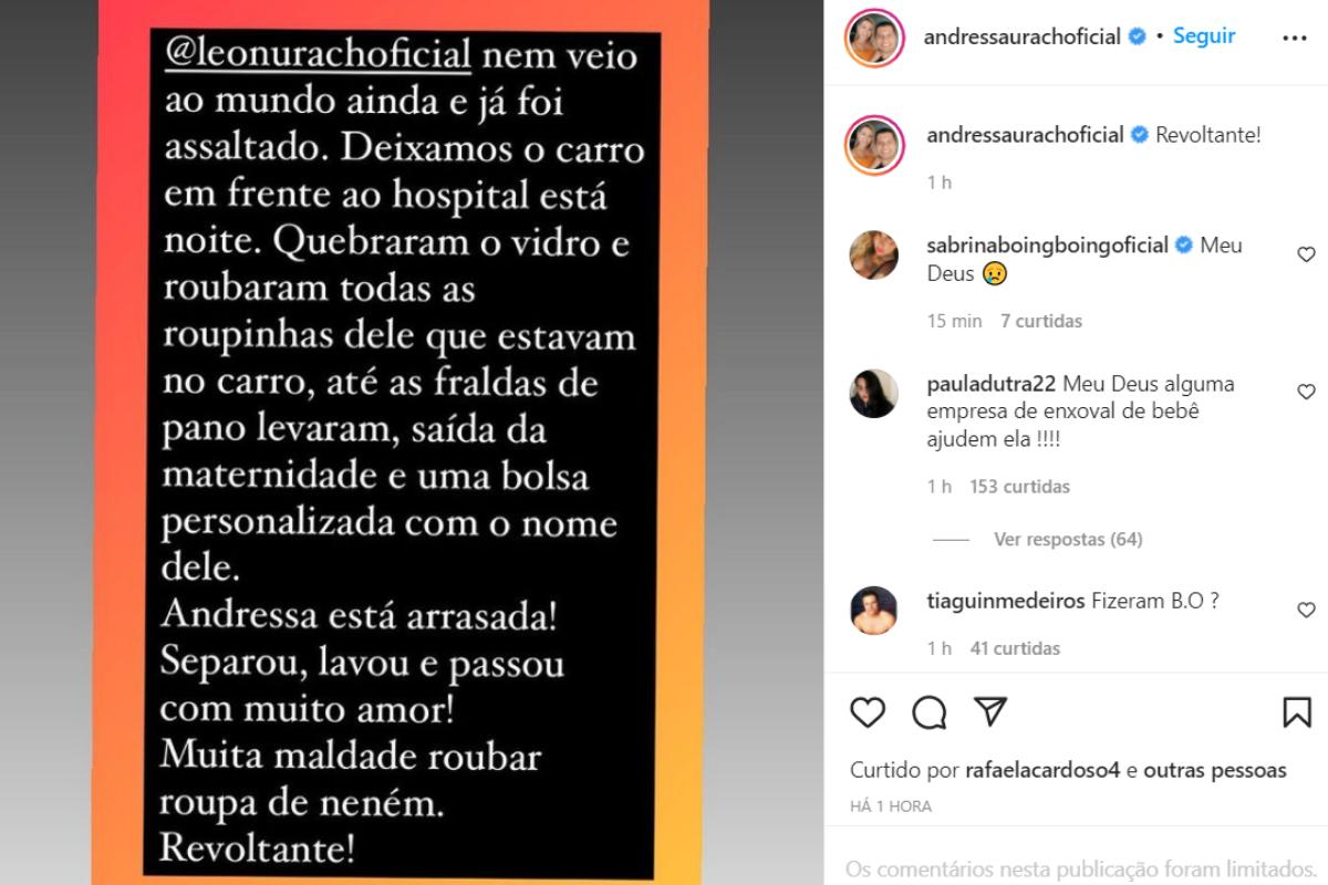 Mensagem publicada por Andressa Urach sobre o furto