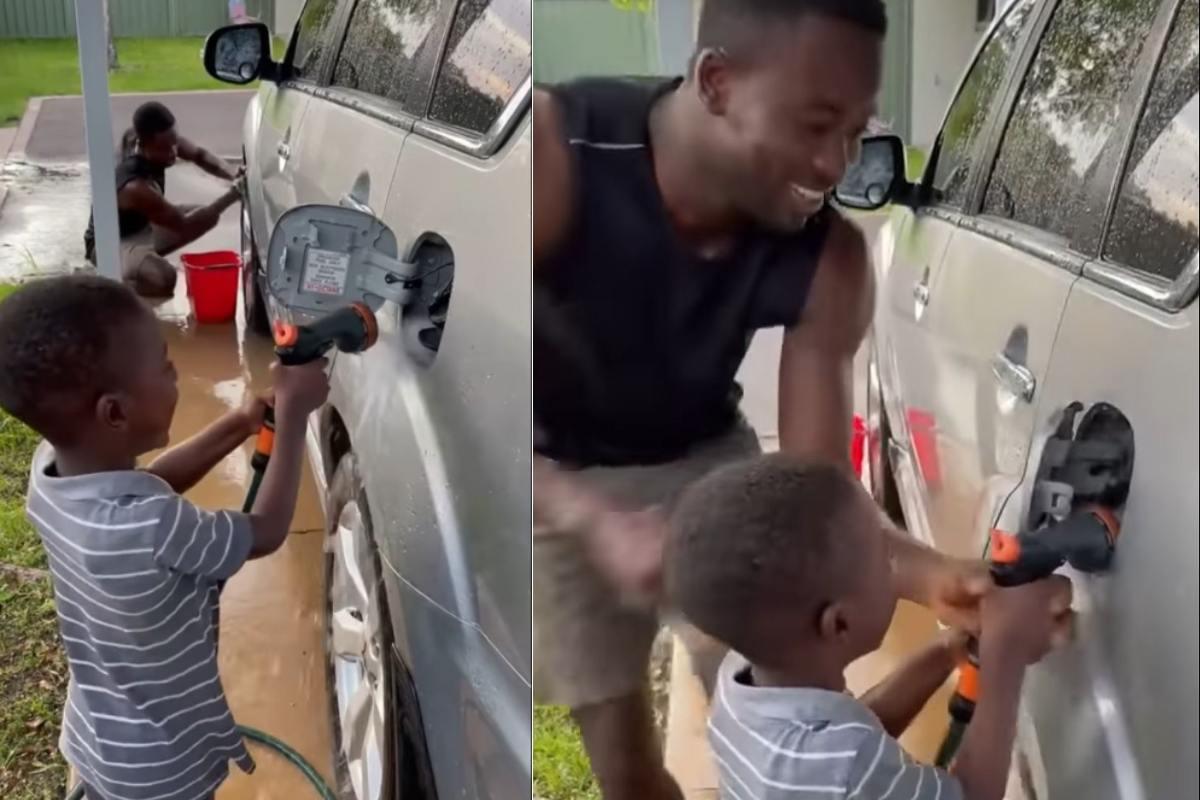 O menino encheu tanque do carro com água