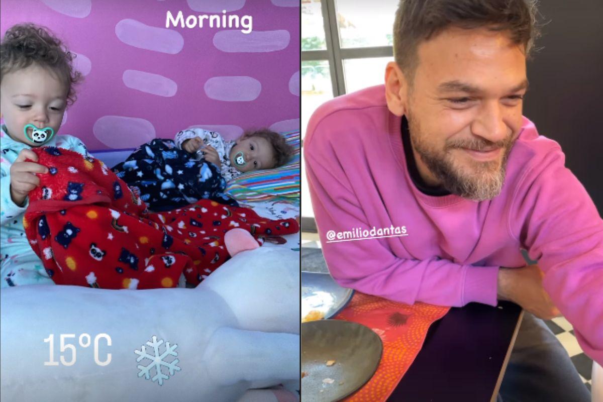 Stories de Fabiula Nascimento mostrando os filhos gêmeos e o marido, Emílio Dantas