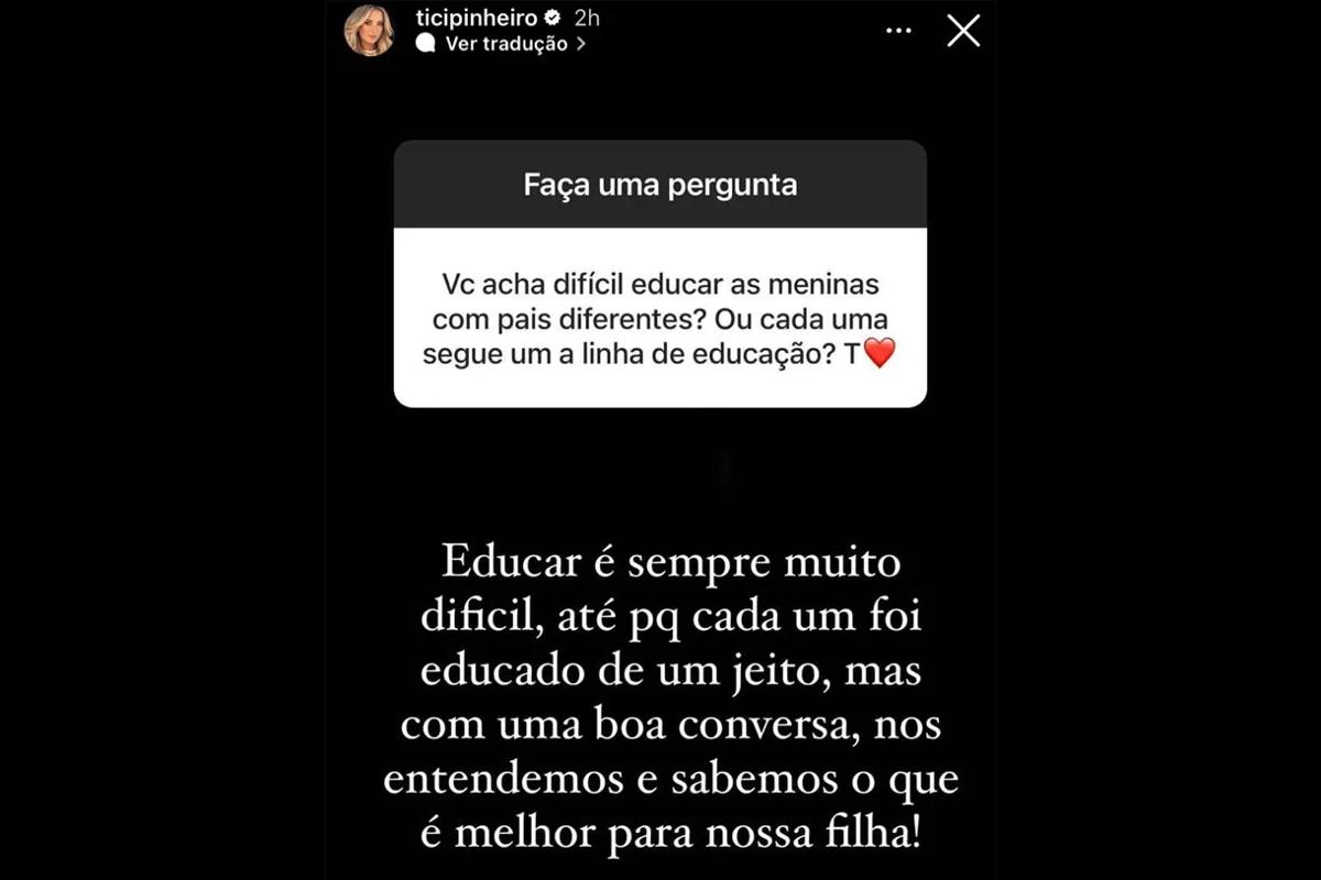 Publicação feita por Ticiane Pinheiro falando sobre a criação da filhas com pais diferentes