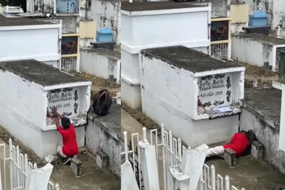 Essa criança comoveu a internet pela reação ao visitar a mãe no túmulo para mostrar notas escolares