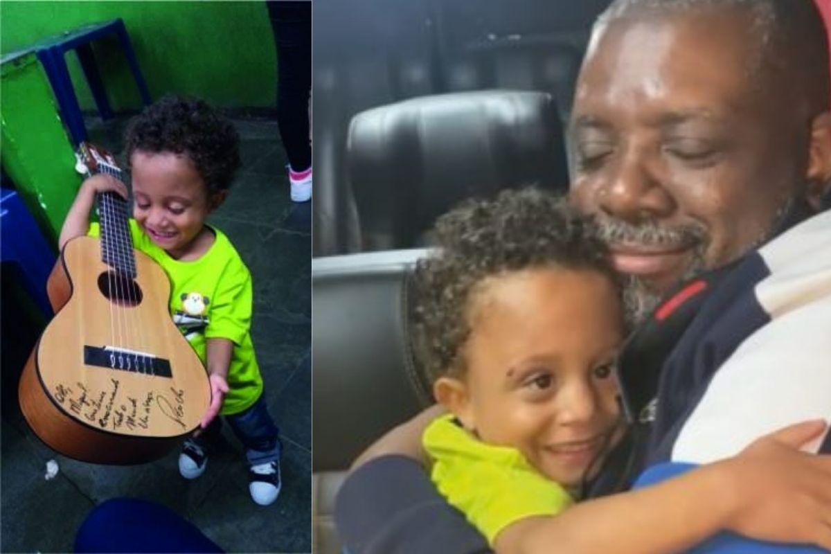 Péricles deu um violão autografado para Miguel
