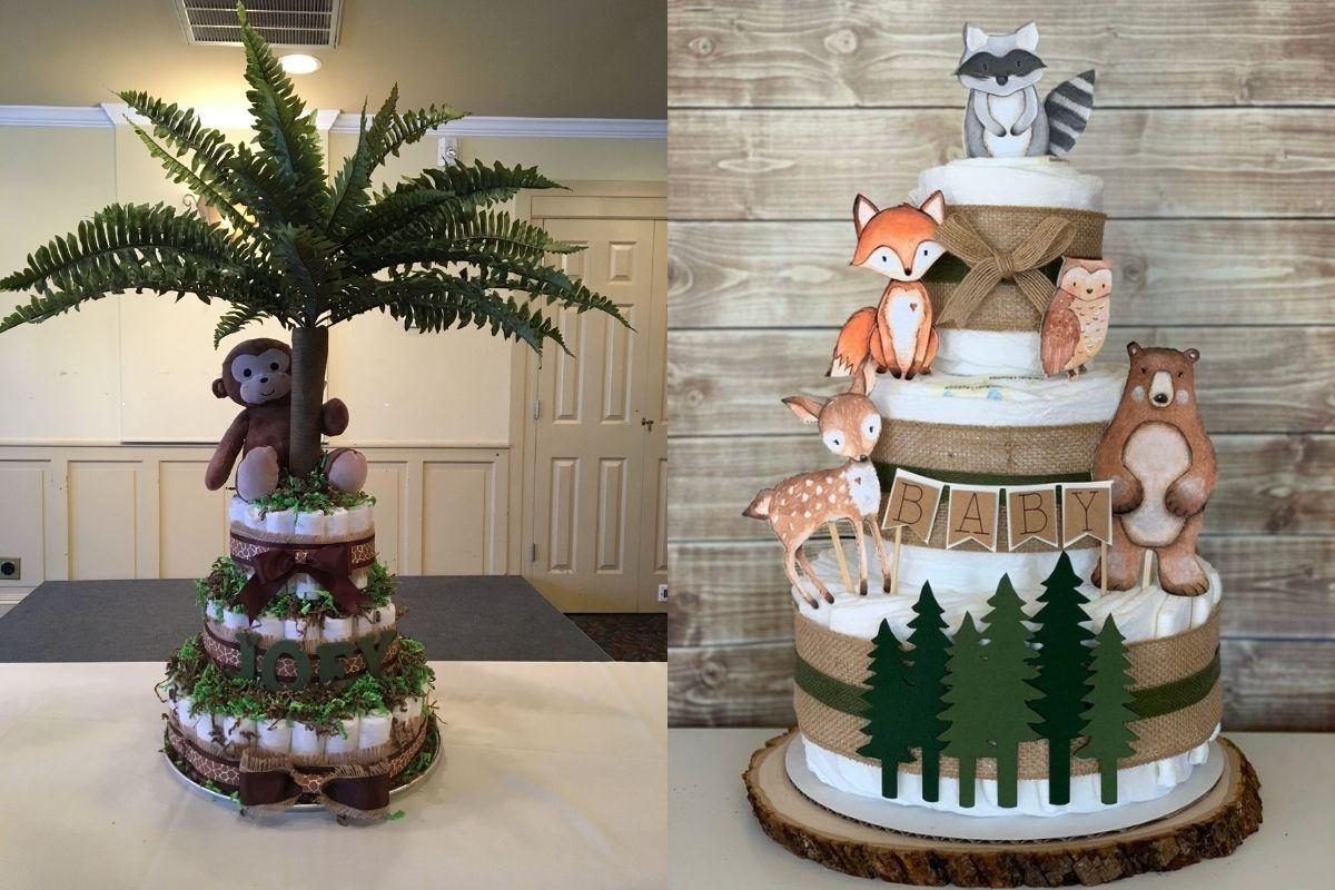 O tema "safari" aparece em todos os lugares quando falamos de criança. Nada mais justo do que estar no bolo de fraldas também!