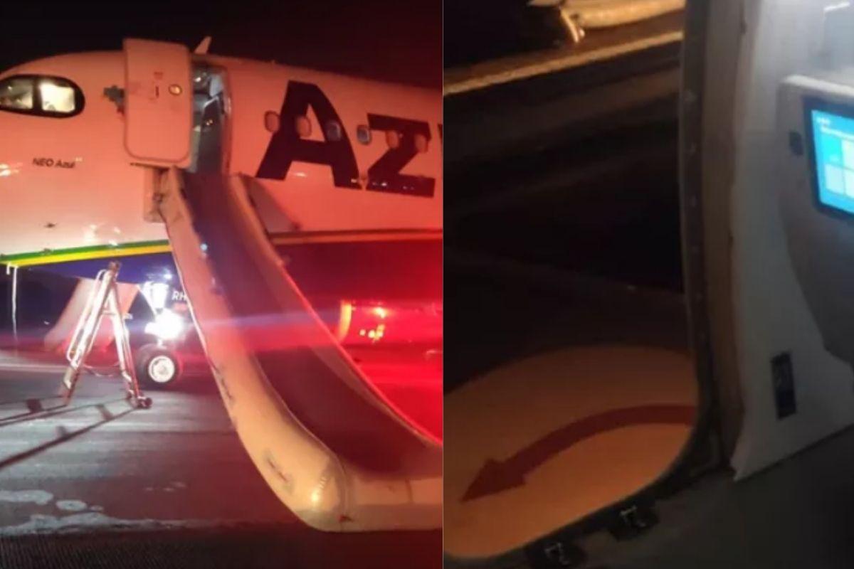 Passageiros precisam ser evacuados do avião por escorregador