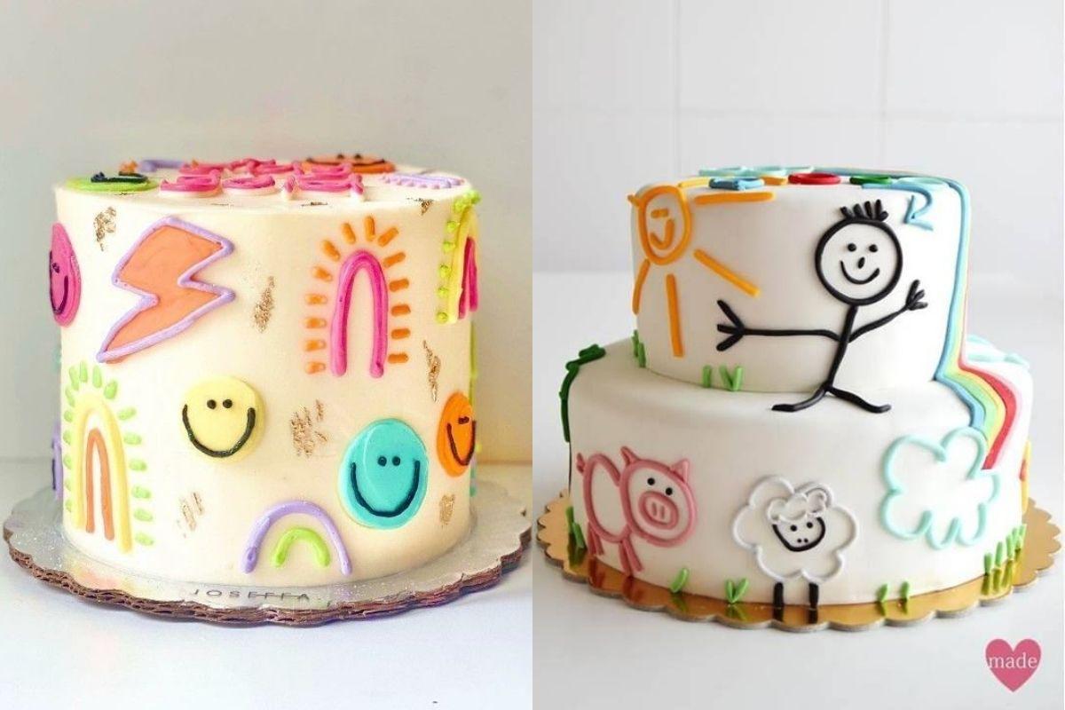 Bolo de mesversário com desenhos divertidos que podem ser feitos pelas crianças mais velhas da família