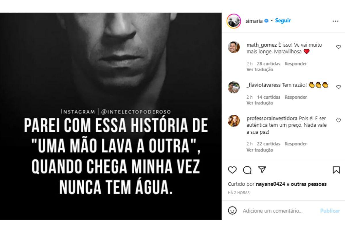 Simaria compartilhou uma imagem que foi interpretada como indireta para a irmã, Simone