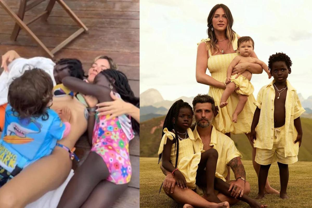 Giovanna Ewbank deitado no cão com os filhos à esquerda e Giovanna Ewbank e Bruno Gagliasso com os filhos à direita