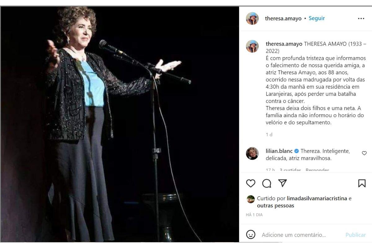 A atriz Theresa Amayo faleceu na última segunda-feira, 24, vítima de um câncer