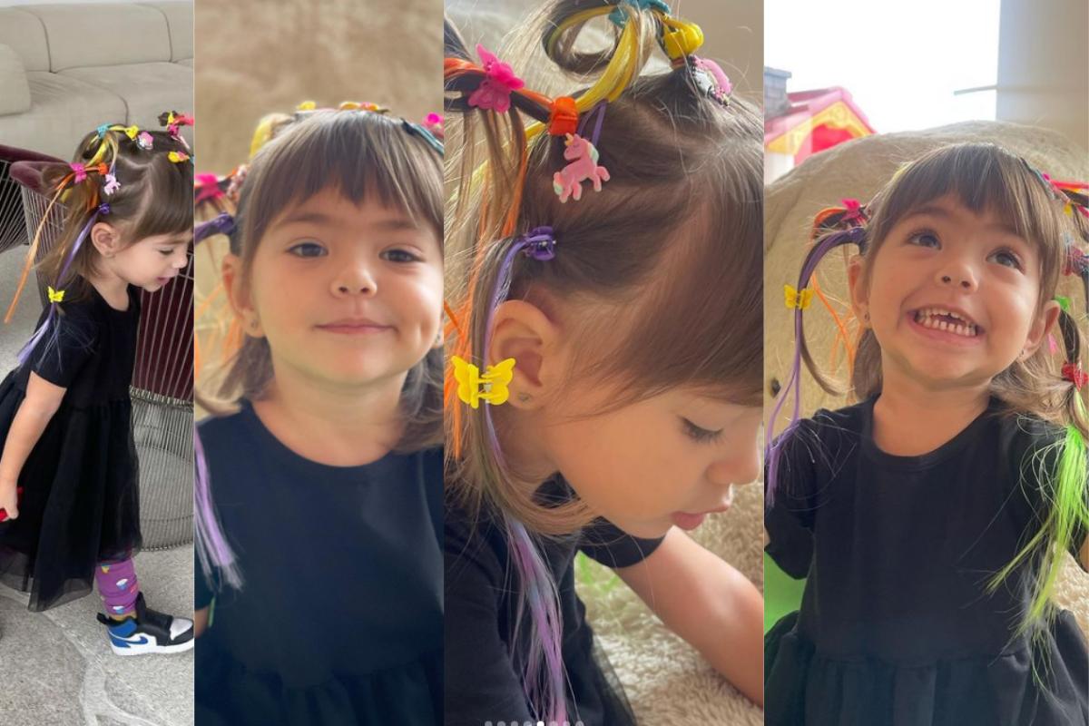 Zoe com o cabelo à caráter para o "Crazy Hair Day" na escola
