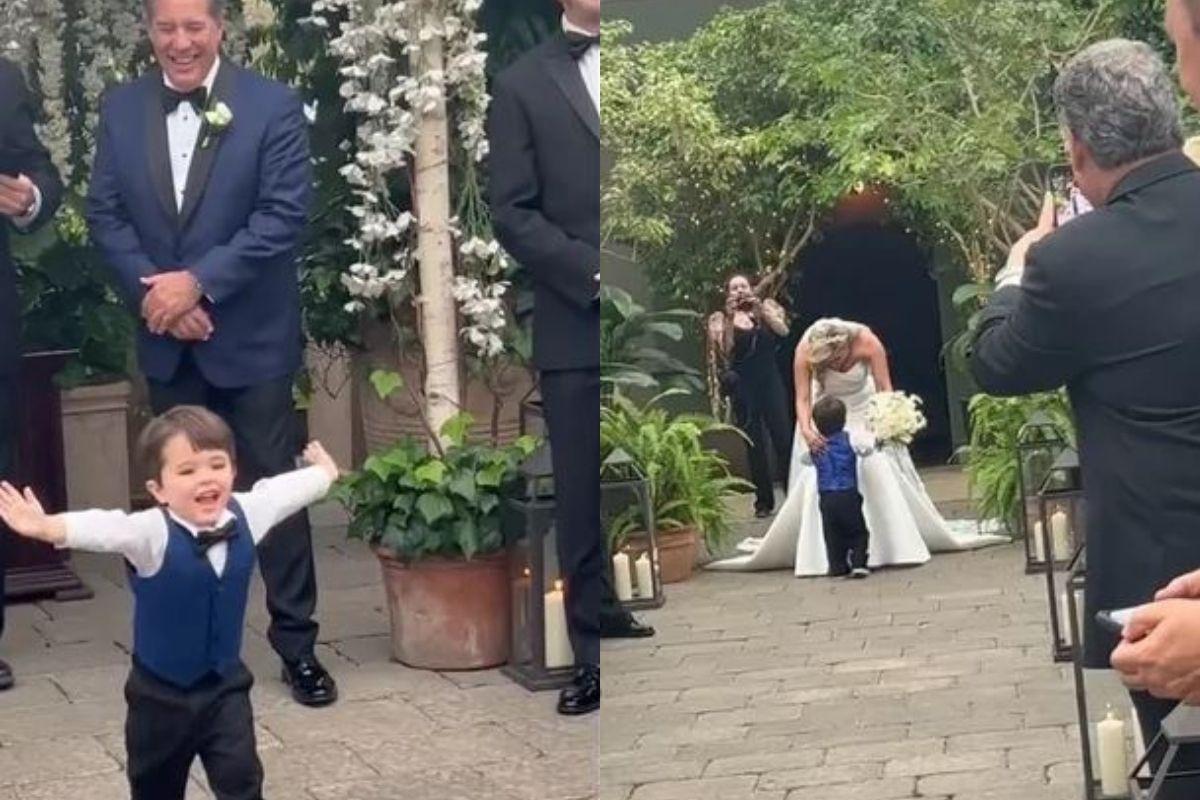 O menino não se conteve e correu para abraçar a mãe vestida de noiva