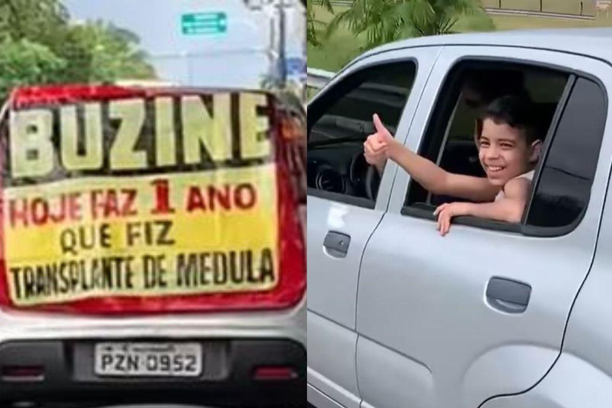 O menino recebeu muitos buzinaços celebrando 1 ano de seu transplante de medula óssea