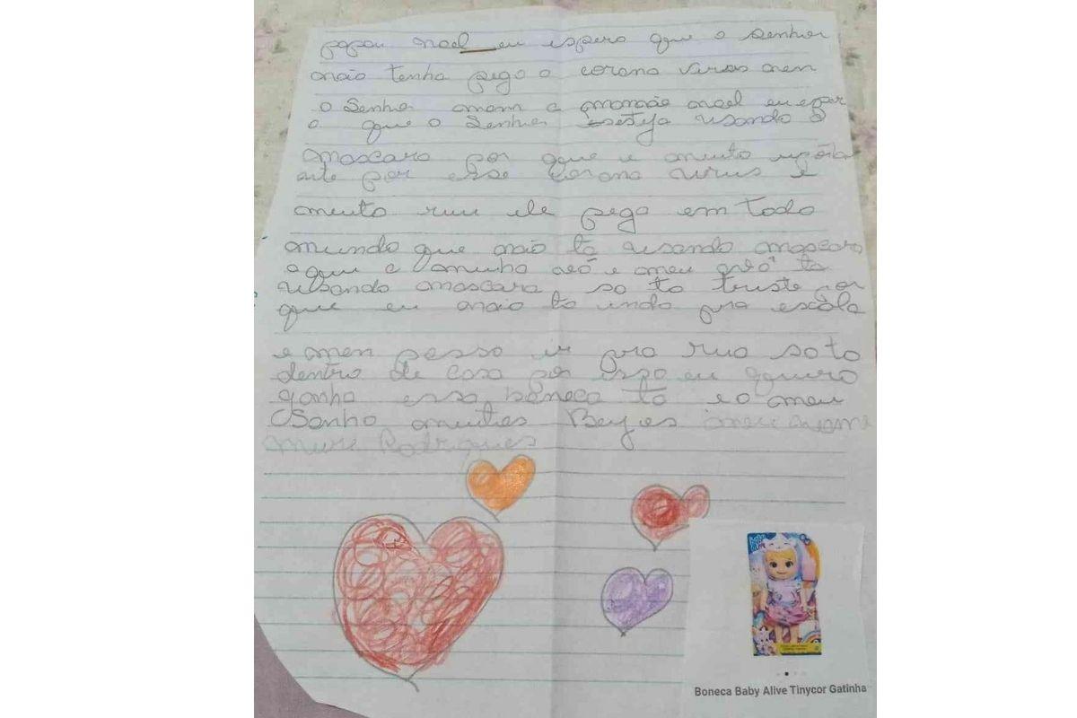Carta de Daniela Ribeiro, de 6 anos, desabafando sobre a pandemia