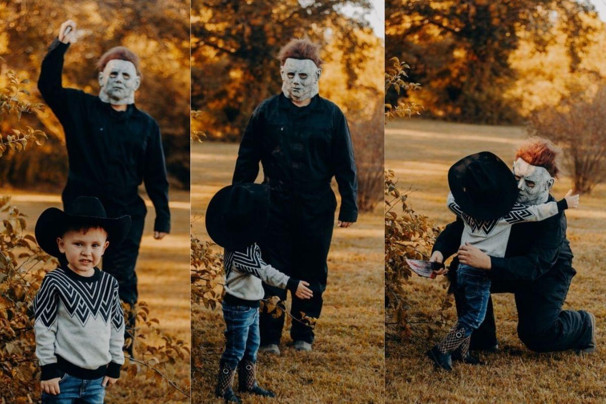 O menino teve a melhor reação após Michael Myres, do filme Halloween, durante a sessão de fotos