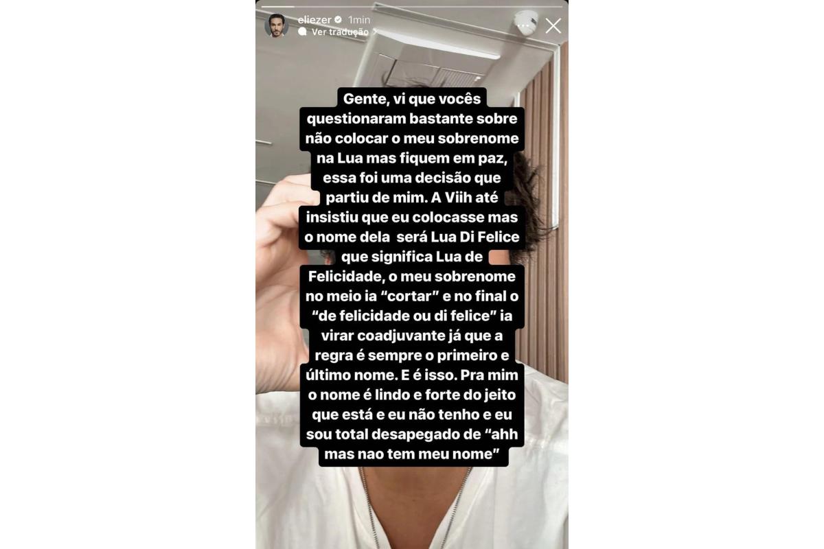 Eliezer explica o porque não vai colocar seu sobrenome na filha Lua em seu Instagram