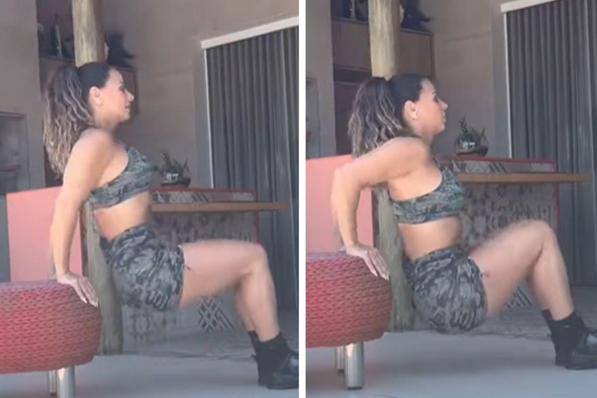 Grávida, Viviane Araujo mostra a barriga ao falar sobre rotina de treinos em casa