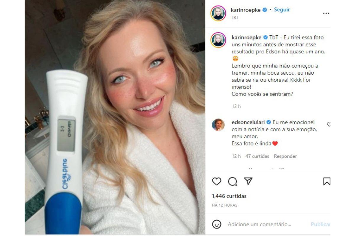 Karin Roepke relembrou o anúncio da gravidez com Edson Celulari