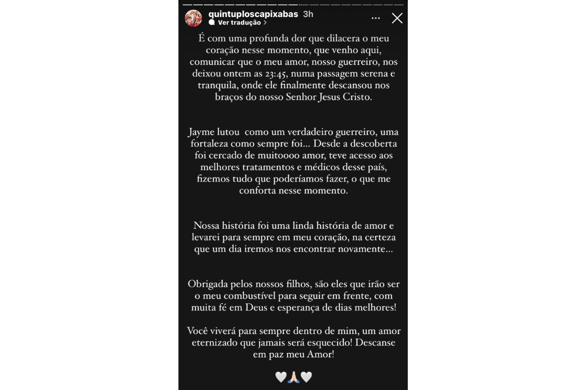 Post feito pela esposa nas redes sociais