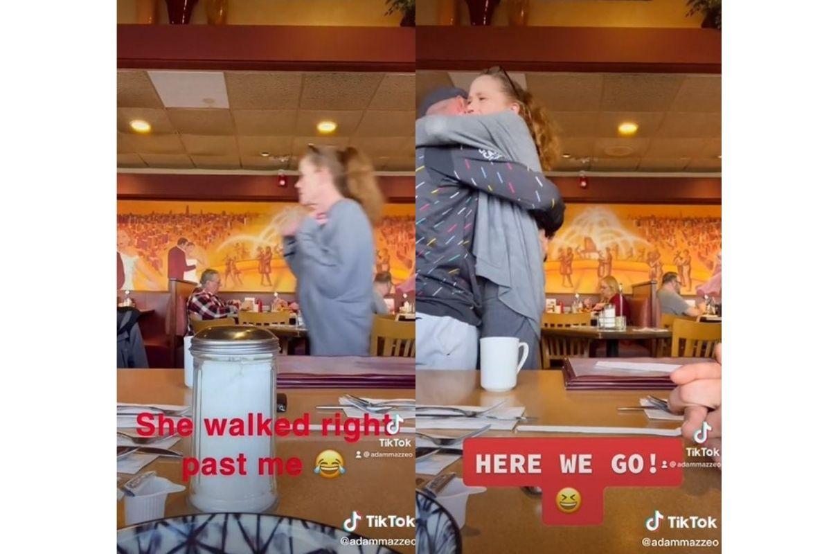 A mulher passou reto pelo filho na primeira vez mas depois se emocionou ao ver ele