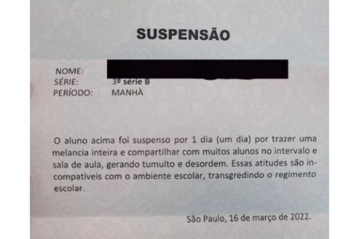 Aluno é suspenso da escola após levar melancia para compartilhar com os colegas