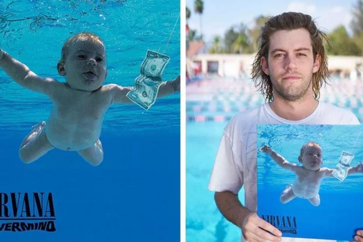 Spencer Elden nos dias atuais ao lado da capa que viralizou quando havia 4 meses