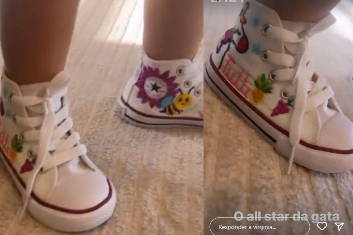 Virginia mostra tênis personalizado da filha