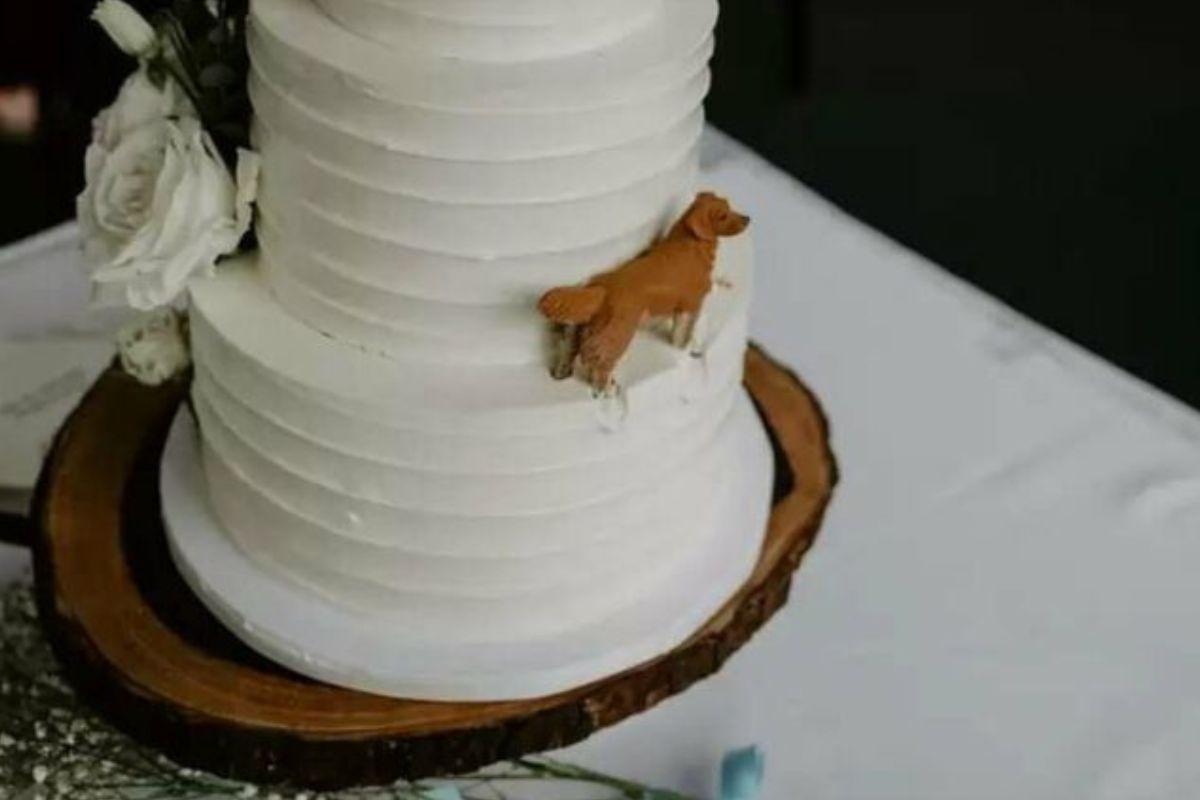 Em meio a decoração tradicional, o bolo tinha um detalhe na parte de trás que encantou os convidados(Foto: reprodução/Instagram/@telleroftalesphotography)