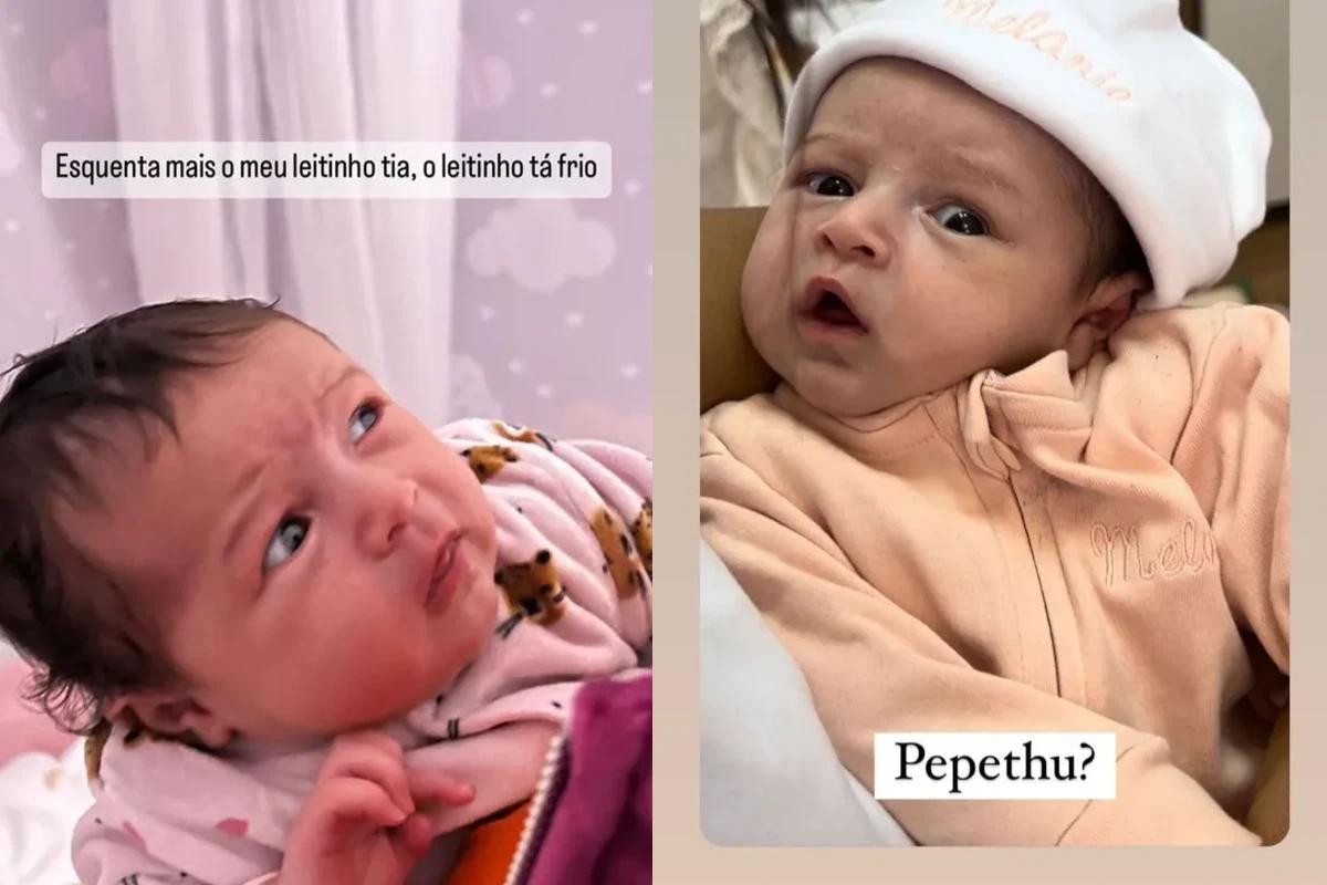 Bebe usando macação rosa e bebe usando macação salmão com gorro branco