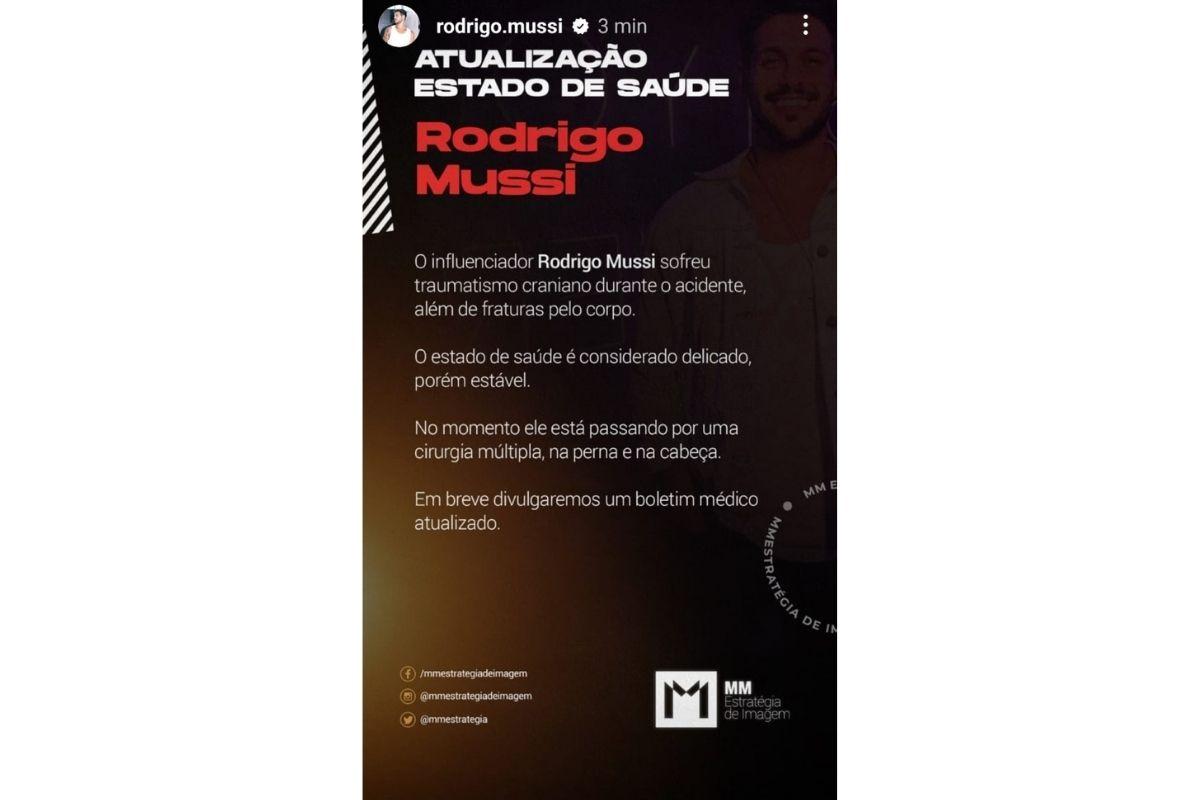 Estado de saúde de Rodrigo Mussi é delicado, segundo nota divulgada no perfil do ex-BBB